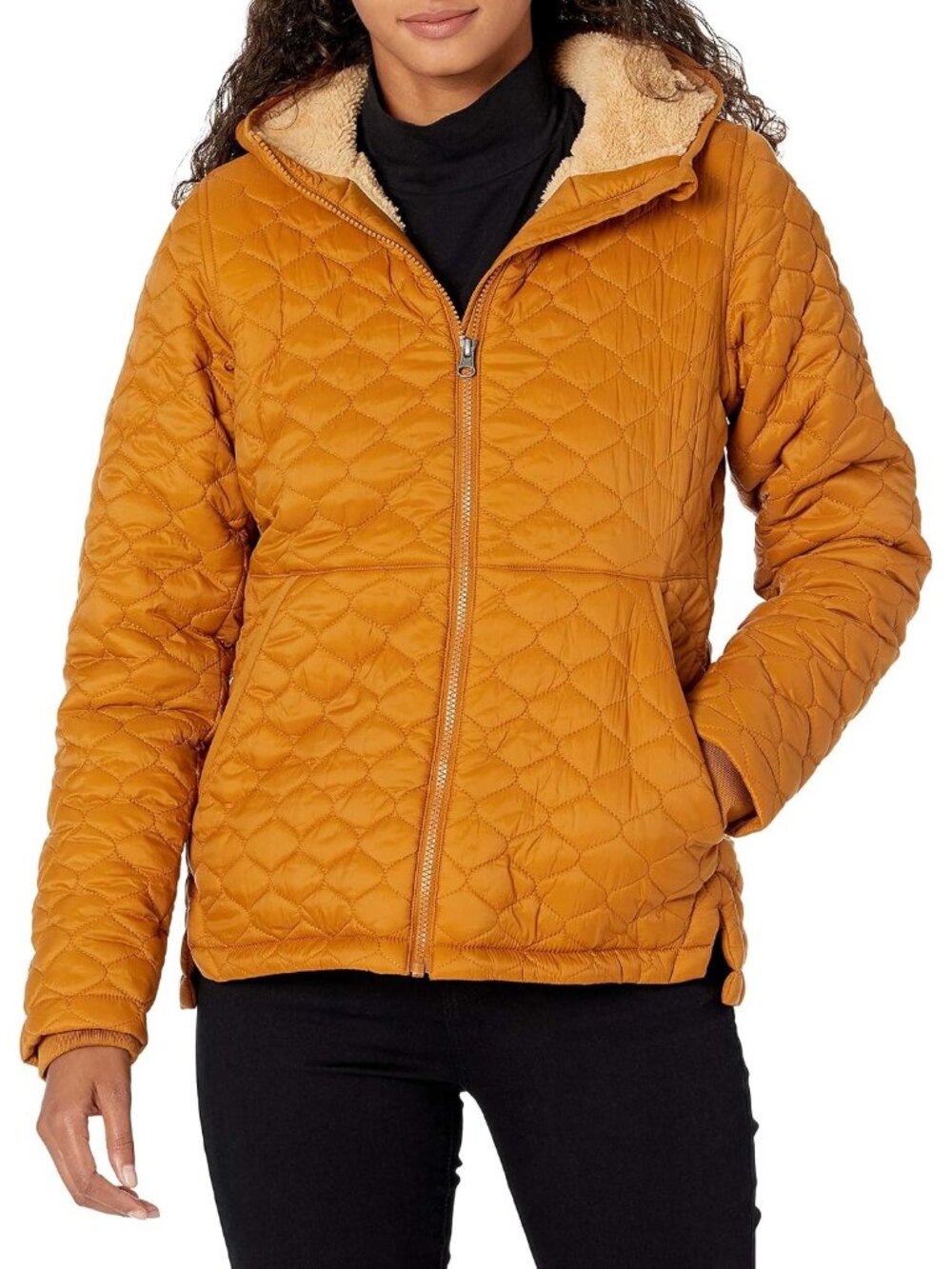 Womens Camel Fleece Hooded Full-zip Faux-sherpa Pocket Lightweight Puffer Jacket